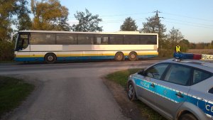 Działania &quot;Trzeźwy Kierujący&quot;. Na drodze autobus, przy krawędzi jezdni zaparkowany radiowóz.